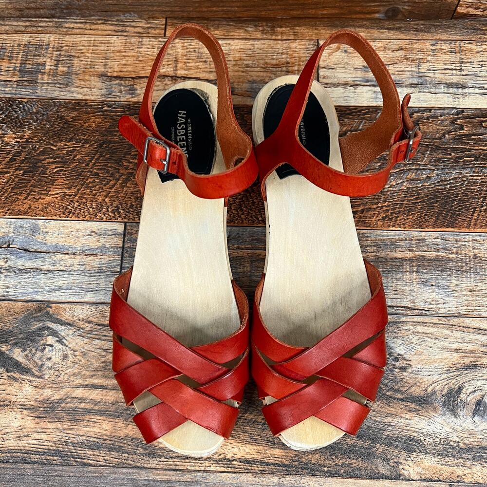 Swedish Hasbeens Magdalena Red Leather Clog Sandals Women's 10 EU 40 Shoes - Picture 8 of 12